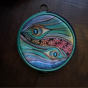 Anuschka Leather Round Coin Purse Abstract Peacock Feather Print